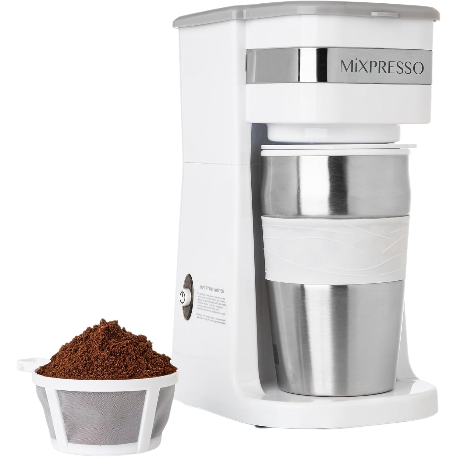 Purchased product: Mixpresso Single Cup Coffee Maker & 14oz Travel Mug Combo, Portable & Lightweight Personal Drip Coffee Brewer & Tumbler, Auto Shut Off Function